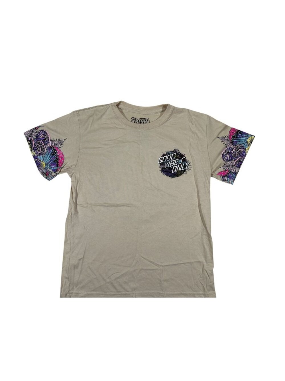 Fresh Laundry Mens Good Vibes Only Graphic Beige T-Shirt Size L Floral Sleeves